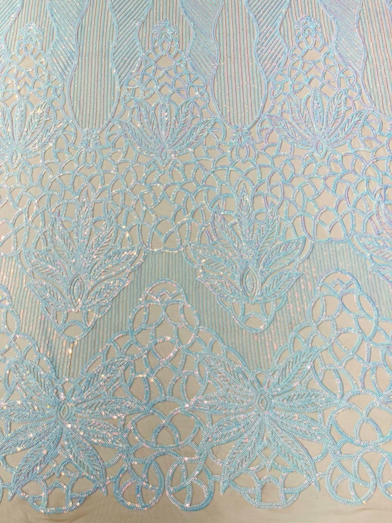 AQUA - Iridescent Fashion Design with Sequins Embroider on a 4 Way Stretch Mesh Fabric-Sold by The Yard.