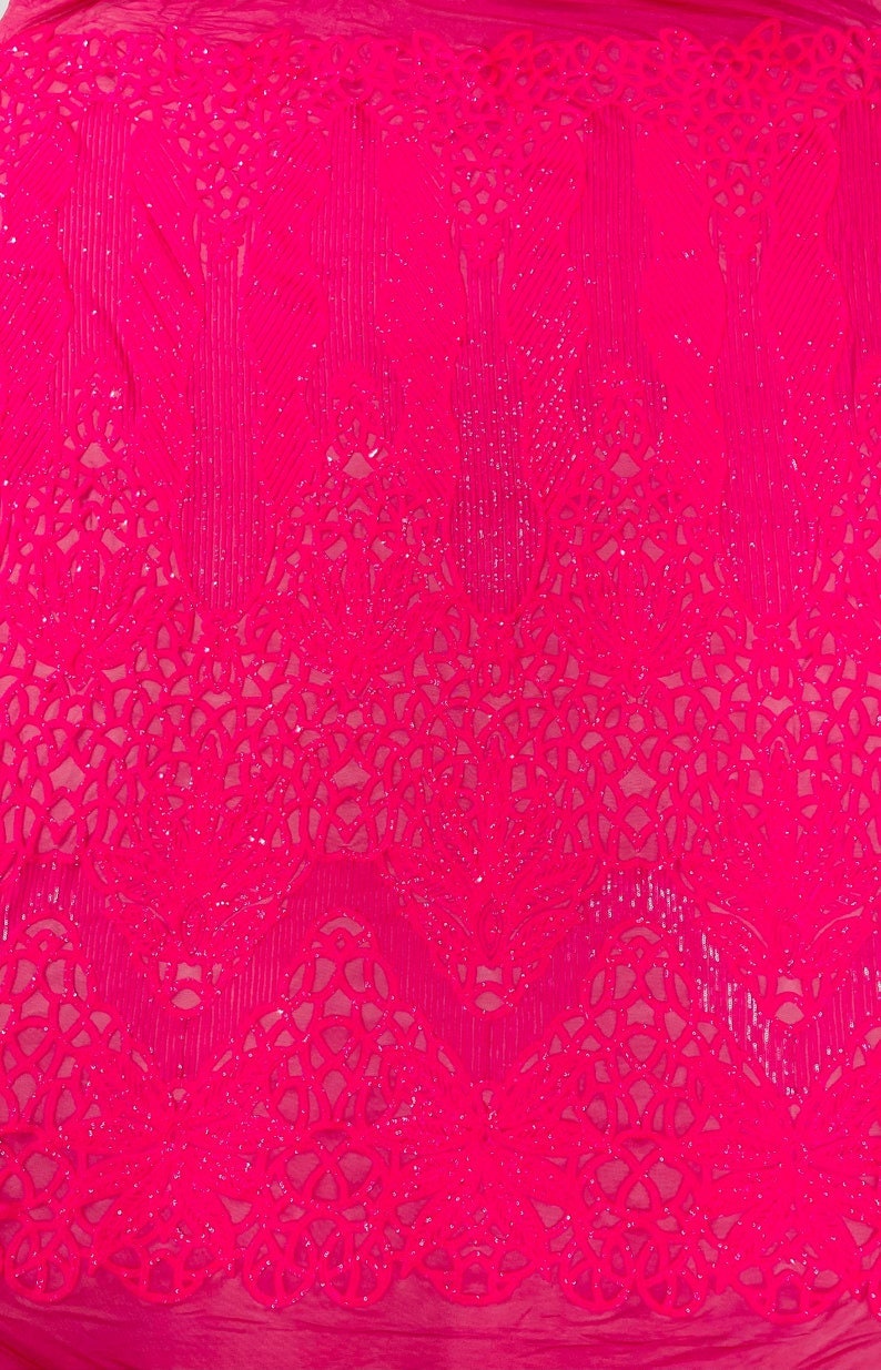 HOT PINK - Luxury Fashion Design with Sequins Embroider on a 4 Way Stretch Mesh Fabric-Sold by The Yard.