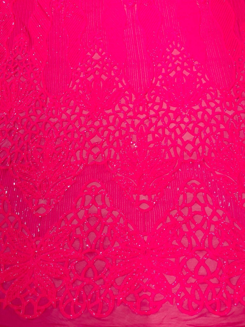 HOT PINK - Luxury Fashion Design with Sequins Embroider on a 4 Way Stretch Mesh Fabric-Sold by The Yard.