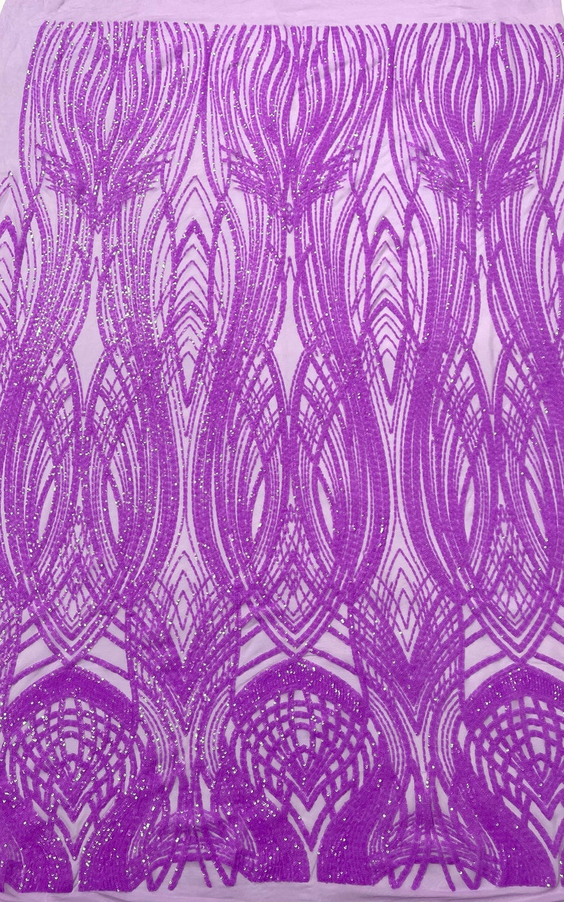 Fish Tale Luxury Fashion Design with Sequins Embroider on a - LILAC - 4 Way Stretch Mesh Fabric-Sold by The Yard.