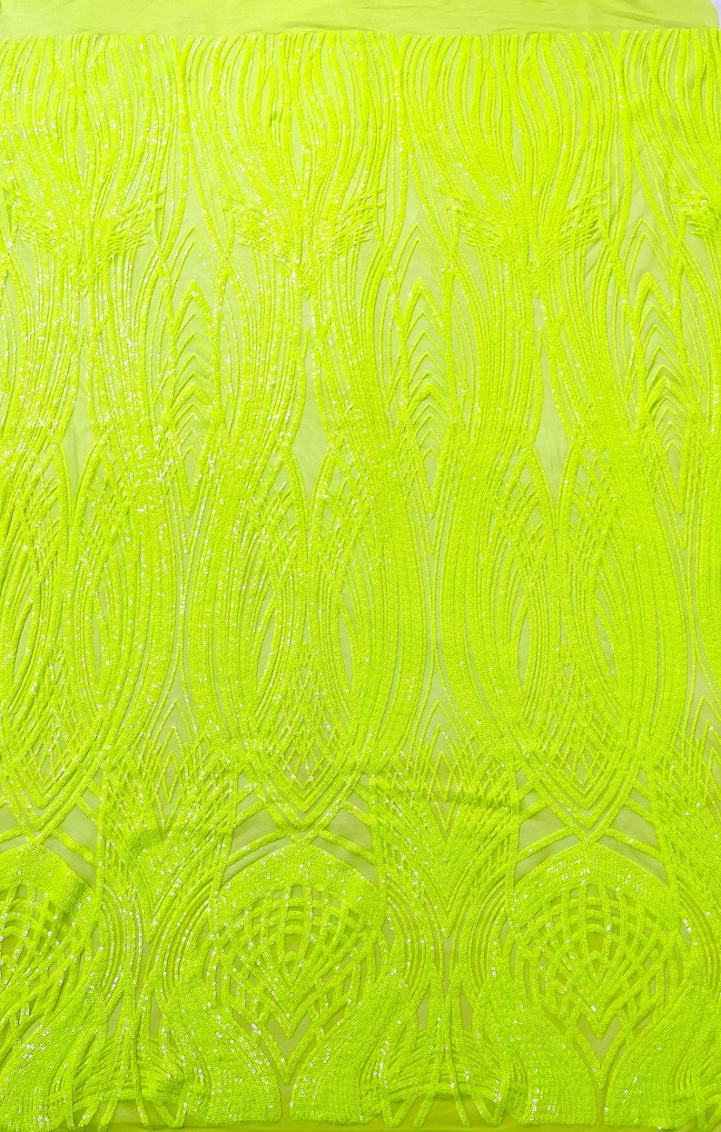 Fish Tale Luxury Fashion Design with Sequins Embroider on a - NEON GREEN - 4 Way Stretch Mesh Fabric-Sold by The Yard.