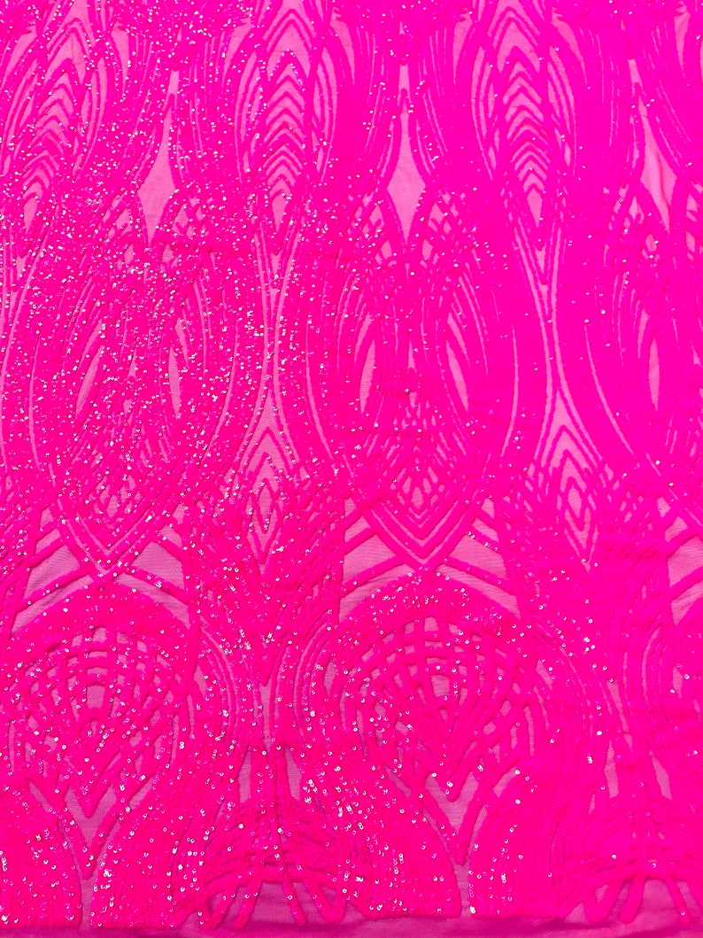 Fish Tale Luxury Fashion Design with Sequins Embroider on a - HOT PINK - 4 Way Stretch Mesh Fabric-Sold by The Yard.