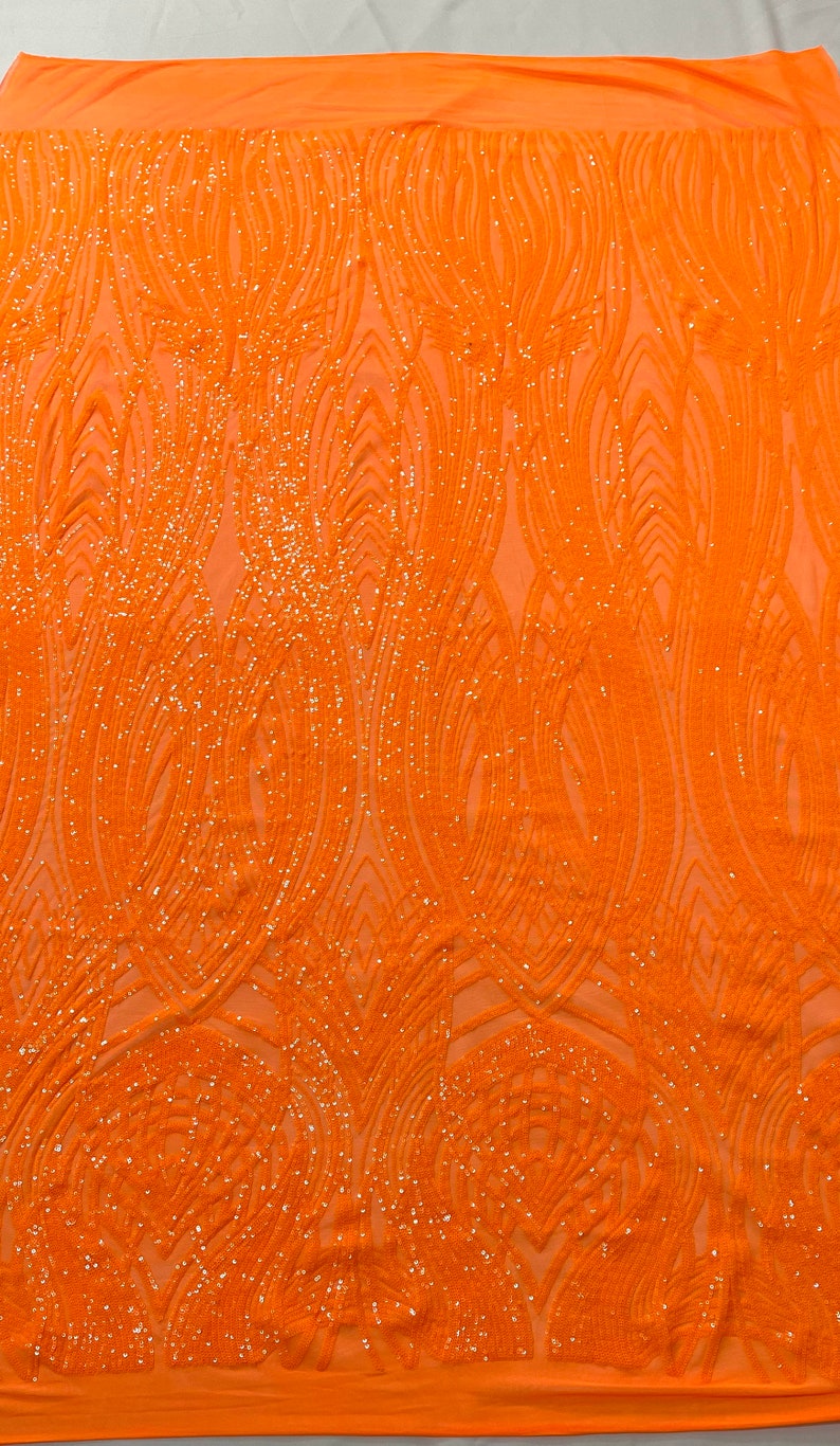 Fish Tale Luxury Fashion Design with Sequins Embroider on a - NEON ORANGE - 4 Way Stretch Mesh Fabric-Sold by The Yard.