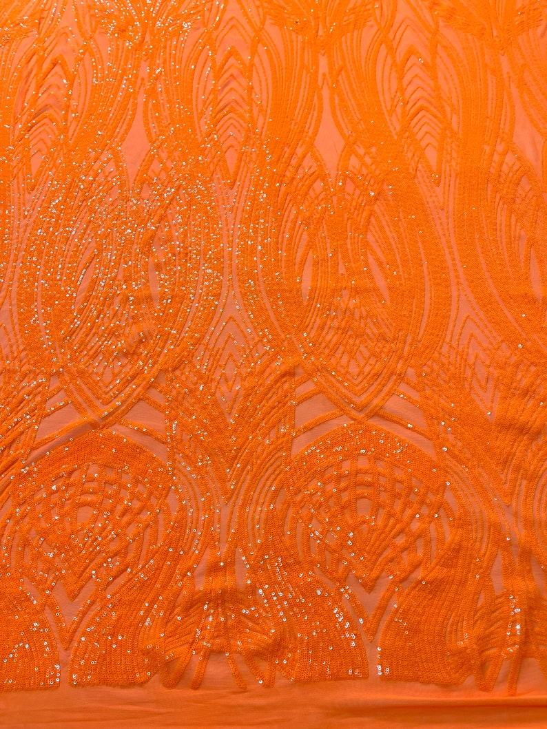 Fish Tale Luxury Fashion Design with Sequins Embroider on a - NEON ORANGE - 4 Way Stretch Mesh Fabric-Sold by The Yard.