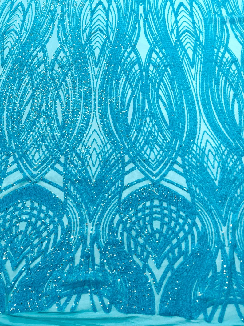 Fish Tale Luxury Fashion Design with Sequins Embroider on a - TURQUOISE - 4 Way Stretch Mesh Fabric-Sold by The Yard.