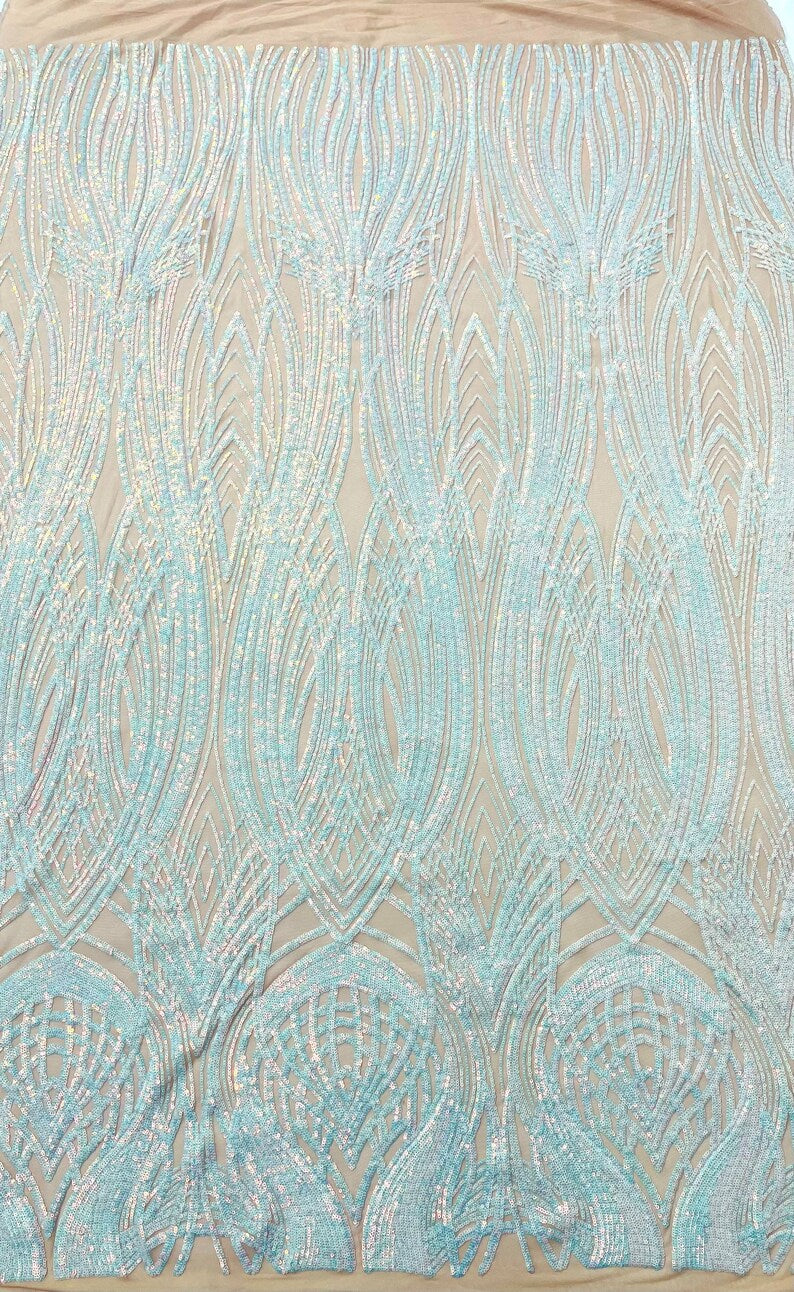 Fish Tale Luxury Fashion Design with Sequins Embroider on a - AQUA - 4 Way Stretch Mesh Fabric-Sold by The Yard.