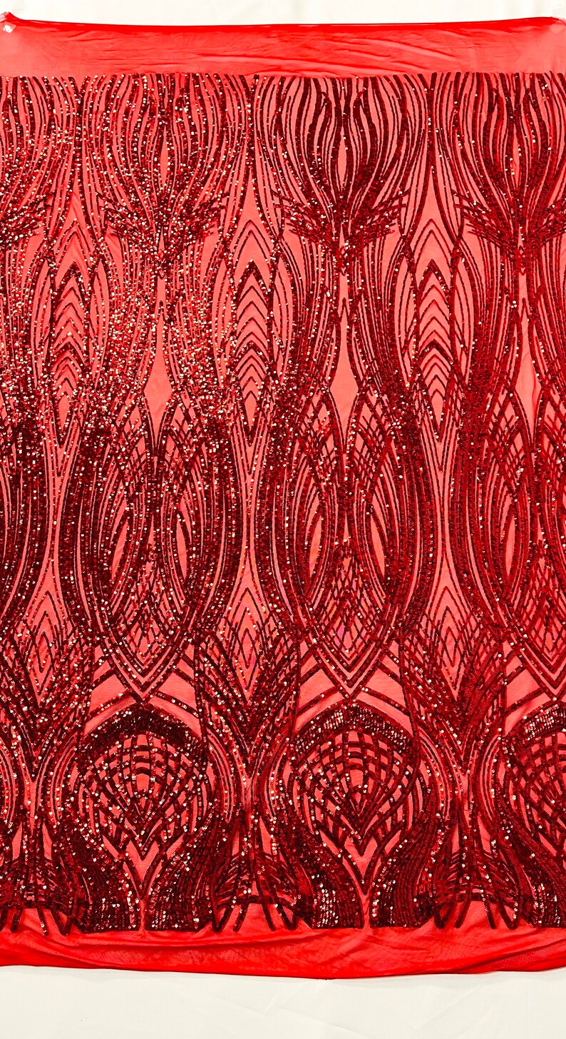 Fish Tale Luxury Fashion Design with Sequins Embroider on a - RED - 4 Way Stretch Mesh Fabric-Sold by The Yard.