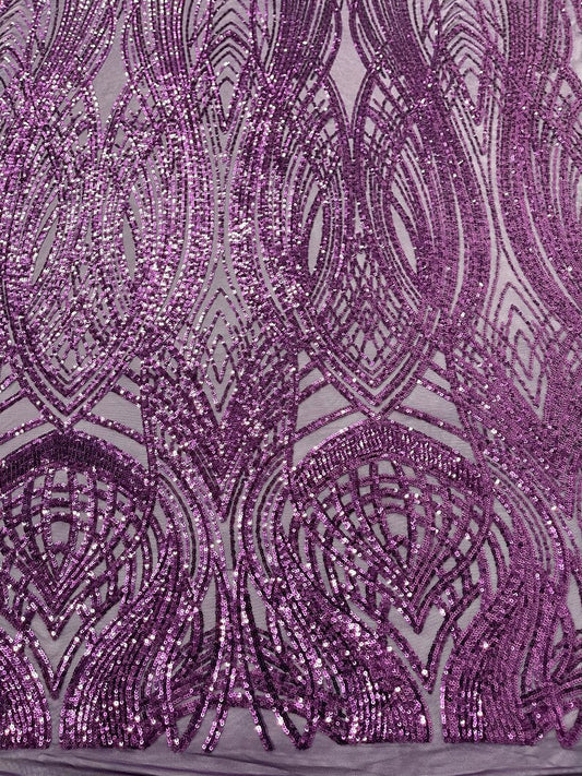 Fish Tale Luxury Fashion Design with Sequins Embroider on a - PURPLE - 4 Way Stretch Mesh Fabric-Sold by The Yard.