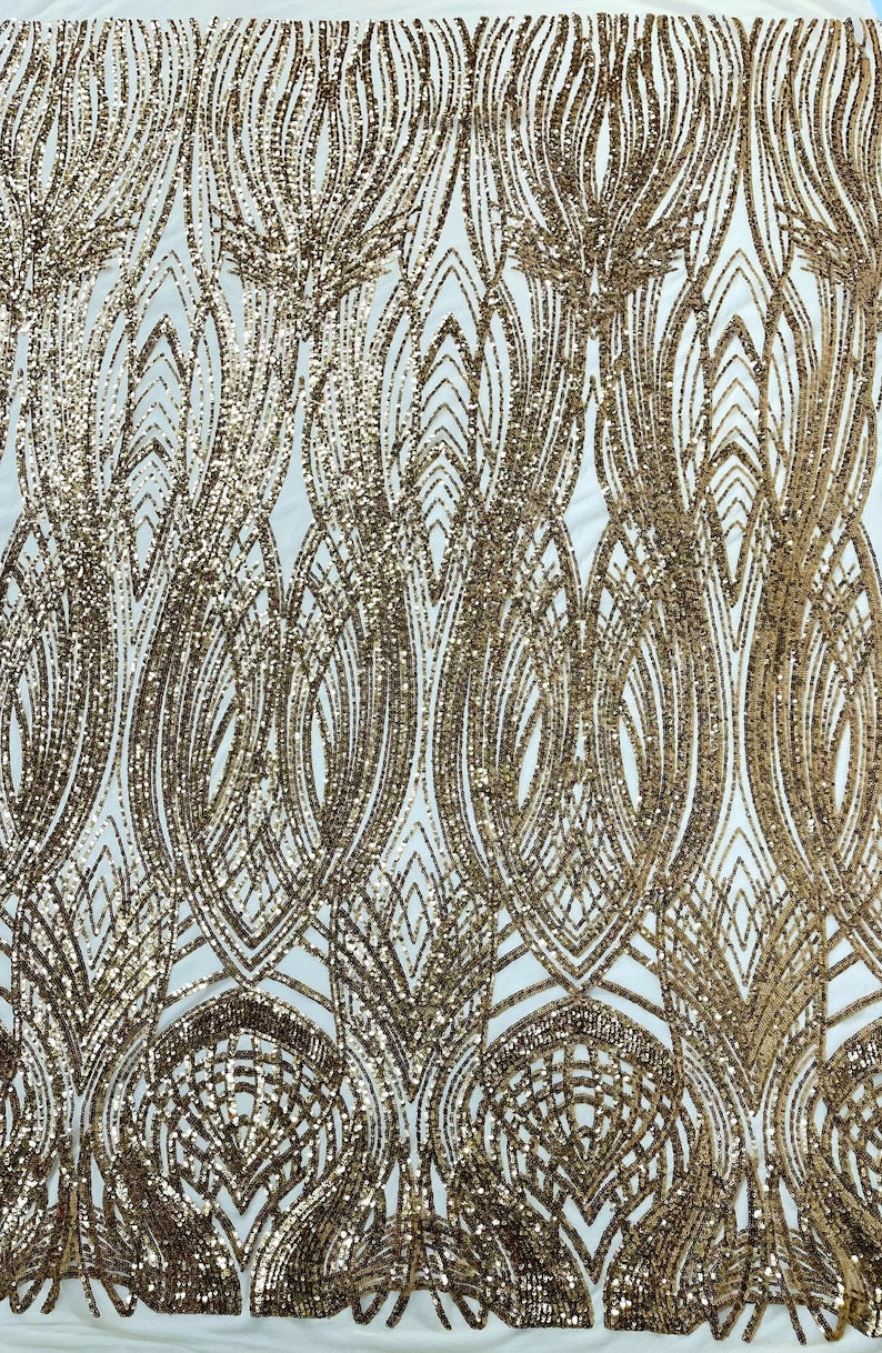 Fish Tale Luxury Fashion Design with Sequins Embroider on a - GOLD - 4 Way Stretch Mesh Fabric-Sold by The Yard.