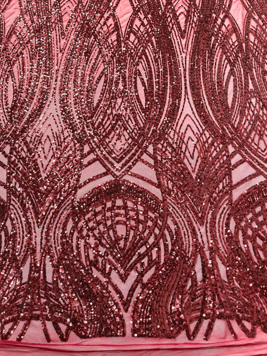 Fish Tale Luxury Fashion Design with Sequins Embroider on a - BURGUNDY - 4 Way Stretch Mesh Fabric-Sold by The Yard.