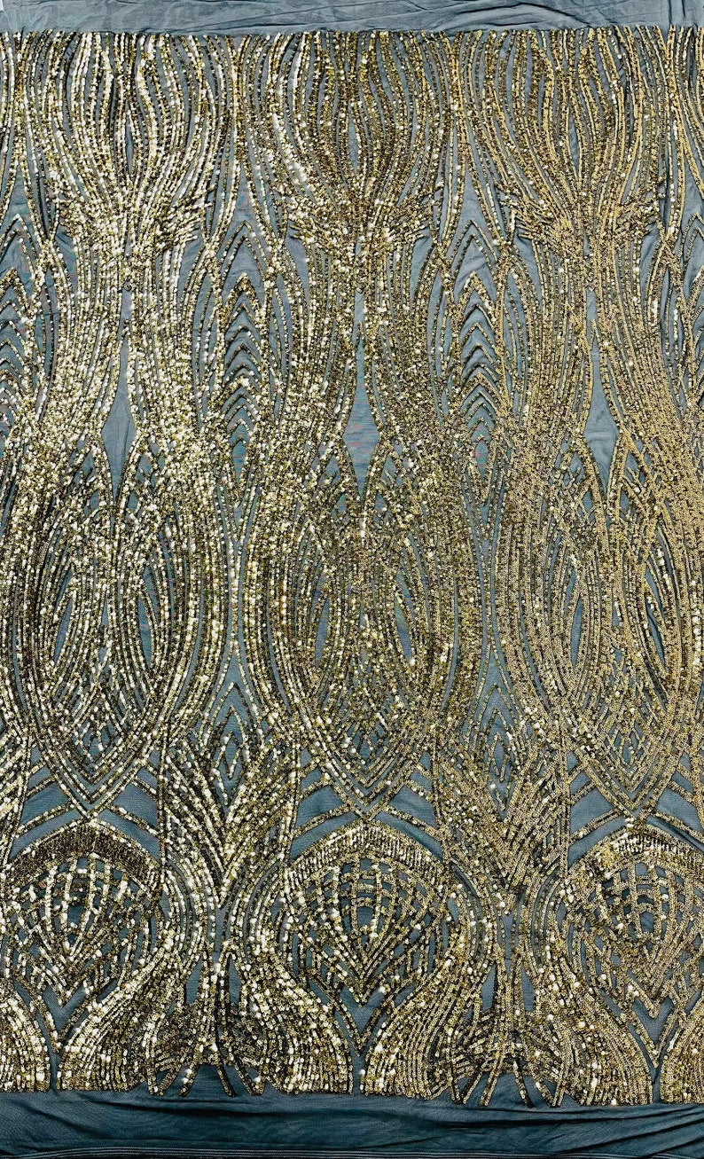 Fish Tale Luxury Fashion Design with Sequins Embroider on a - GOLD/BLACK - 4 Way Stretch Mesh Fabric-Sold by The Yard.