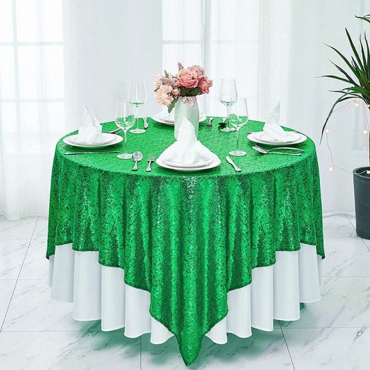 Square Overlay Sequin Tablecloth - GREEN - Glitter Tablecloth for Bridal Shower Decorations, Birthday, Wedding, Dessert, Banquet