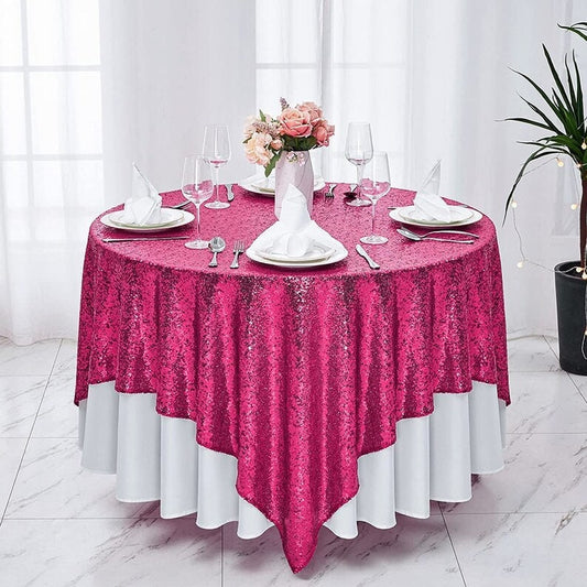 Square Overlay Sequin Tablecloth - FUCHSIA - Glitter Tablecloth for Bridal Shower Decorations, Birthday, Wedding, Dessert, Banquet