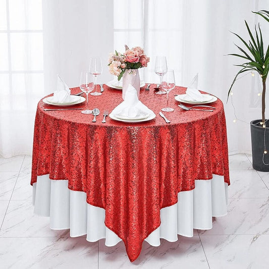 Square Overlay Sequin Tablecloth - RED - Glitter Tablecloth for Bridal Shower Decorations, Birthday, Wedding, Dessert, Banquet