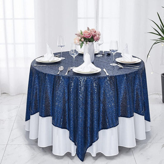 Square Overlay Sequin Tablecloth - NAVY - Glitter Tablecloth for Bridal Shower Decorations, Birthday, Wedding, Dessert, Banquet