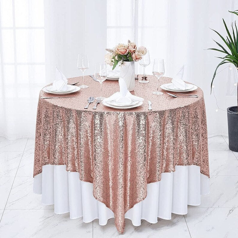 Square Overlay Sequin Tablecloth - ROSE GOLD - Glitter Tablecloth for Bridal Shower Decorations, Birthday, Wedding, Dessert, Banquet