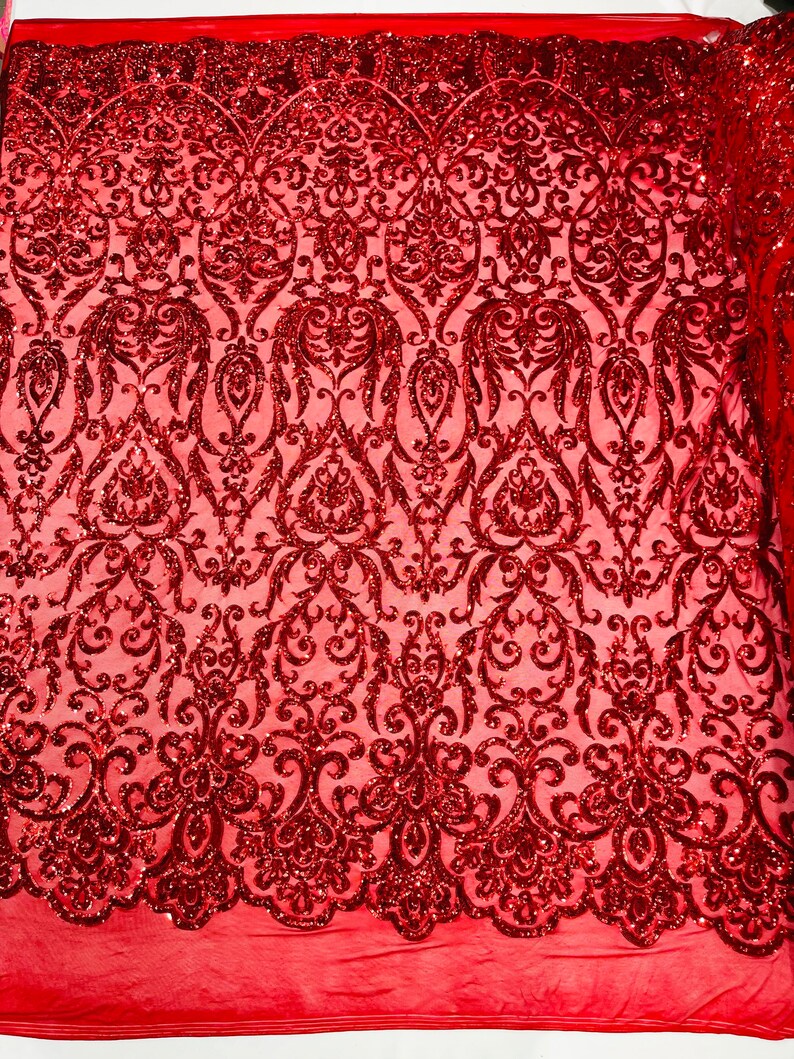 POSEIDON - Designs Fashion Design with Sequins Embroider on a 4 Way Stretch Mesh Fabric-Sold by The Yard. RED