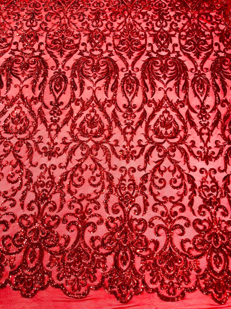 POSEIDON - Designs Fashion Design with Sequins Embroider on a 4 Way Stretch Mesh Fabric-Sold by The Yard. RED