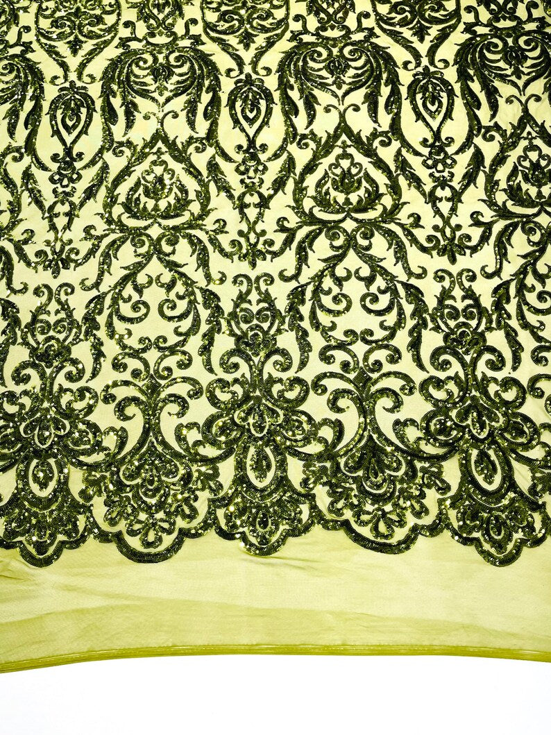 POSEIDON - Designs Fashion Design with Sequins Embroider on a 4 Way Stretch Mesh Fabric-Sold by The Yard. OLIVE