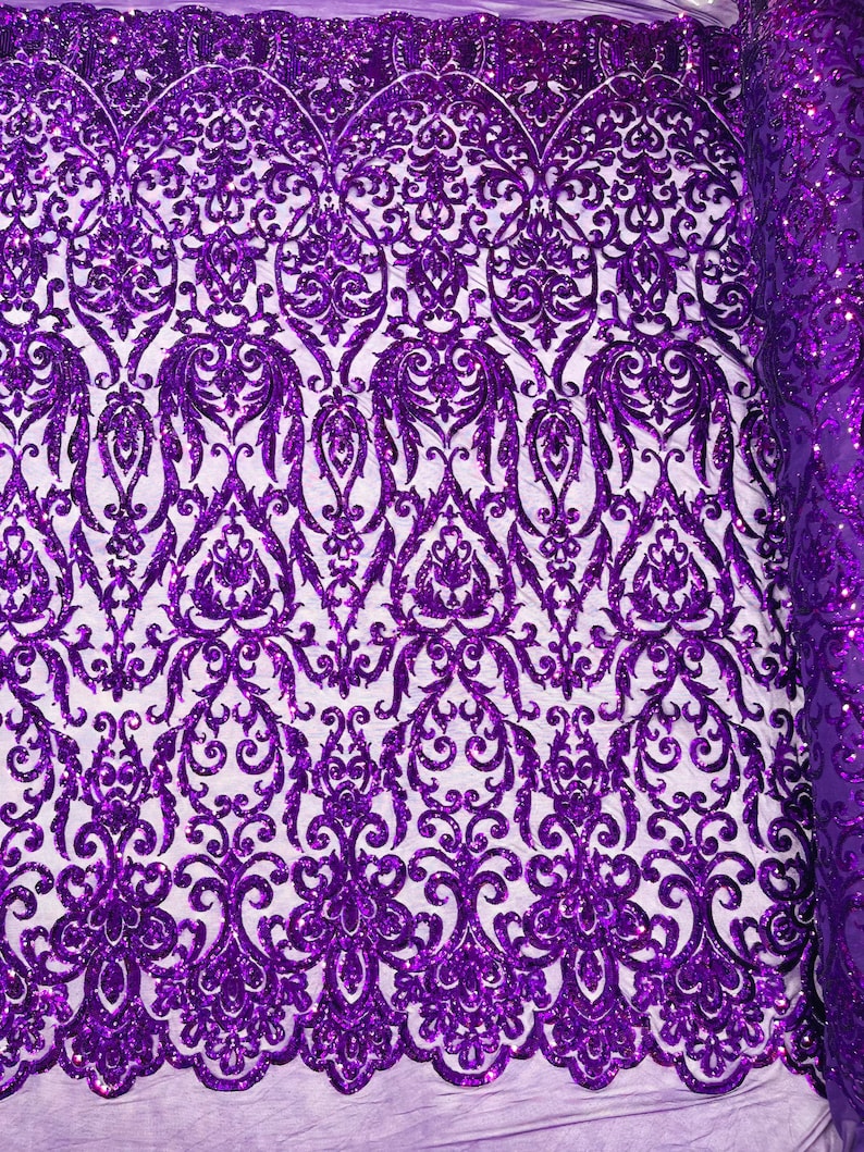 POSEIDON - Designs Fashion Design with Sequins Embroider on a 4 Way Stretch Mesh Fabric-Sold by The Yard. PURPLE