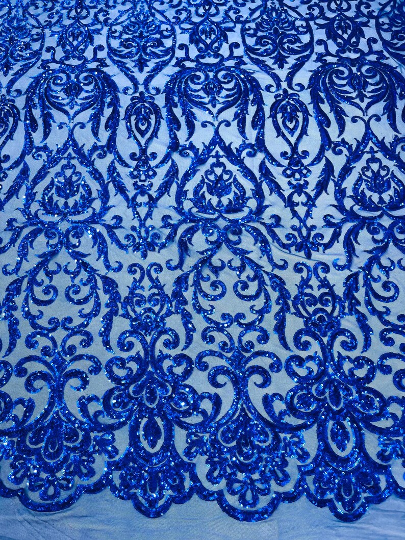 POSEIDON - Designs Fashion Design with Sequins Embroider on a 4 Way Stretch Mesh Fabric-Sold by The Yard. ROYAL