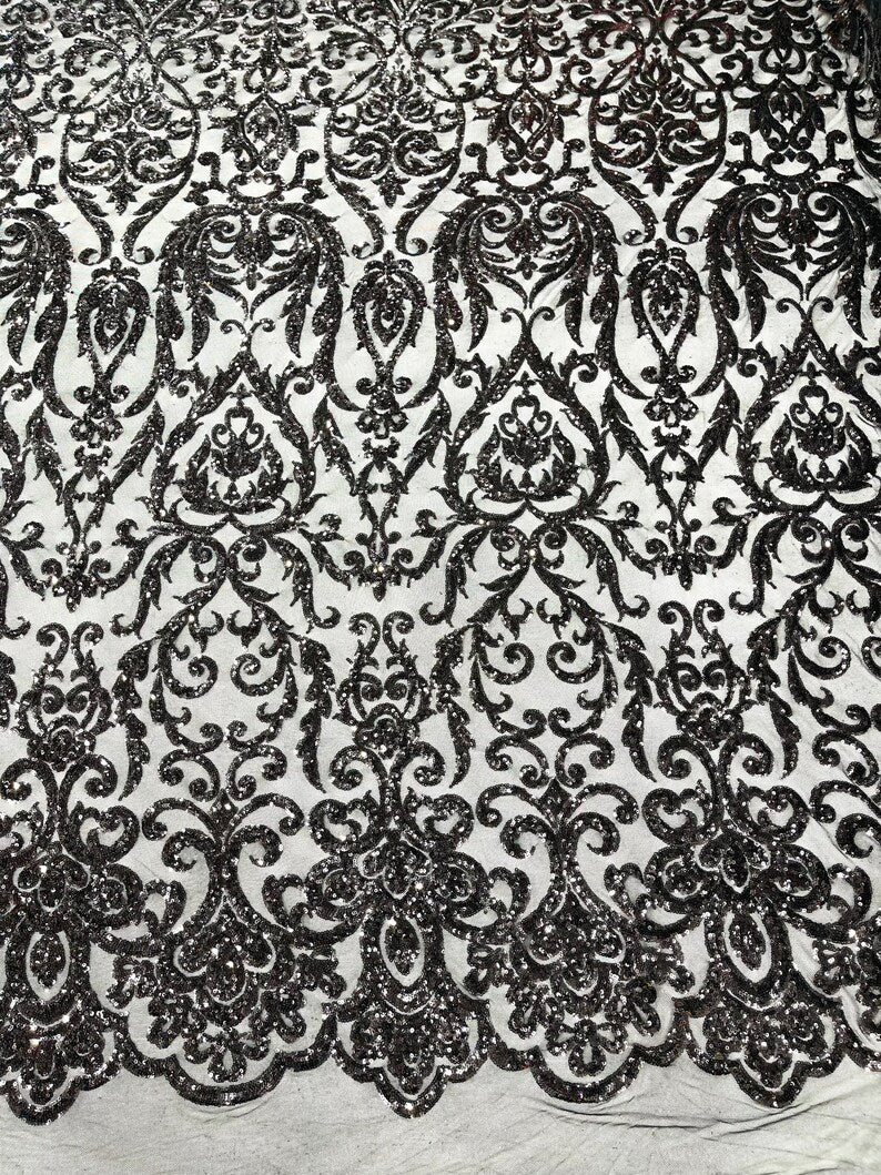 POSEIDON - Designs Fashion Design with Sequins Embroider on a 4 Way Stretch Mesh Fabric-Sold by The Yard. BLACK