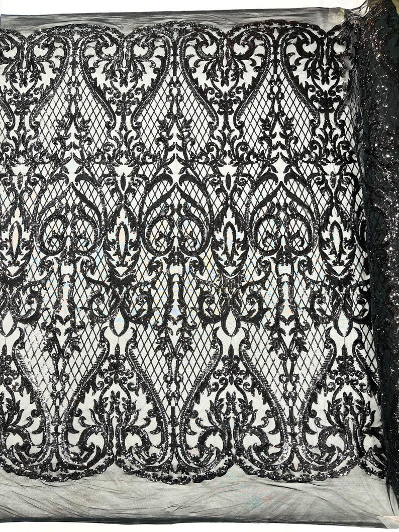 High Designs Fashion Design with Sequins Embroider on a 4 Way Stretch Mesh Fabric-Sold by The Yard. Black