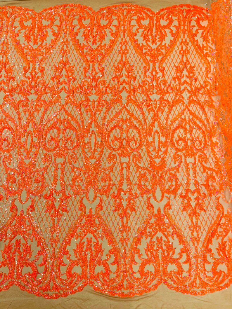 High Designs Fashion Design with Sequins Embroider on a 4 Way Stretch Mesh Fabric-Sold by The Yard. Orange Nude