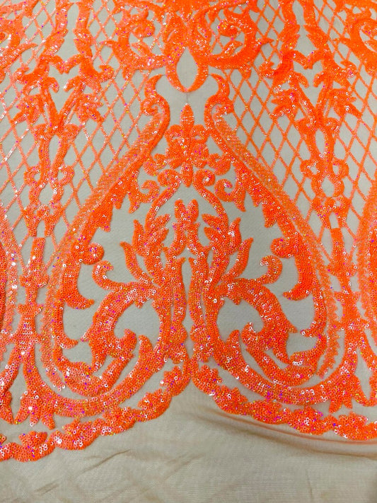 High Designs Fashion Design with Sequins Embroider on a 4 Way Stretch Mesh Fabric-Sold by The Yard. Orange Nude