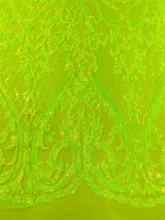 High Designs Fashion Design with Sequins Embroider on a 4 Way Stretch Mesh Fabric-Sold by The Yard. Neon Green