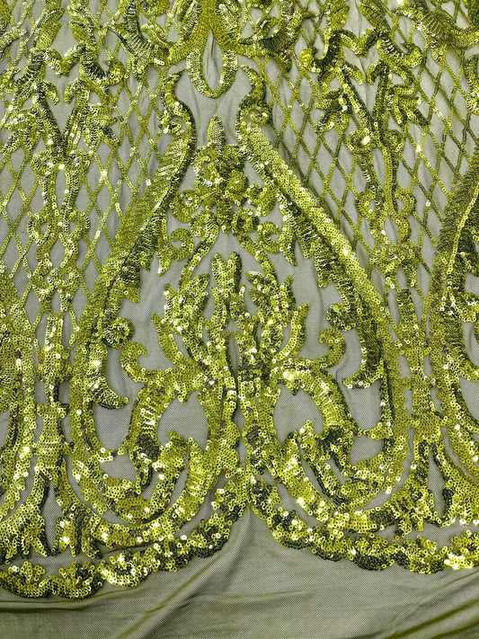 High Designs Fashion Design with Sequins Embroider on a 4 Way Stretch Mesh Fabric-Sold by The Yard. Olive