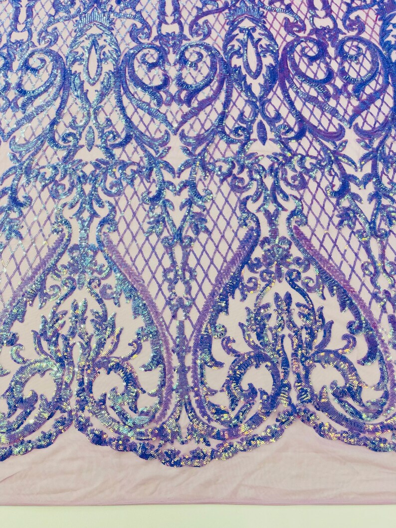 High Designs Fashion Design with Sequins Embroider on a 4 Way Stretch Mesh Fabric-Sold by The Yard. Lavender