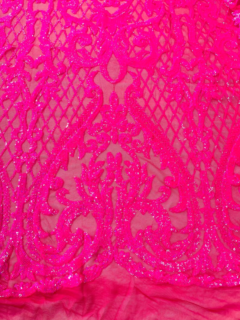 High Designs Fashion Design with Sequins Embroider on a 4 Way Stretch Mesh Fabric-Sold by The Yard. Hot Pink