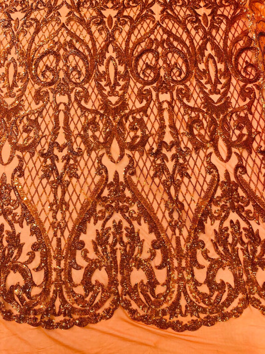 High Designs Fashion Design with Sequins Embroider on a 4 Way Stretch Mesh Fabric-Sold by The Yard. Burnt Orange