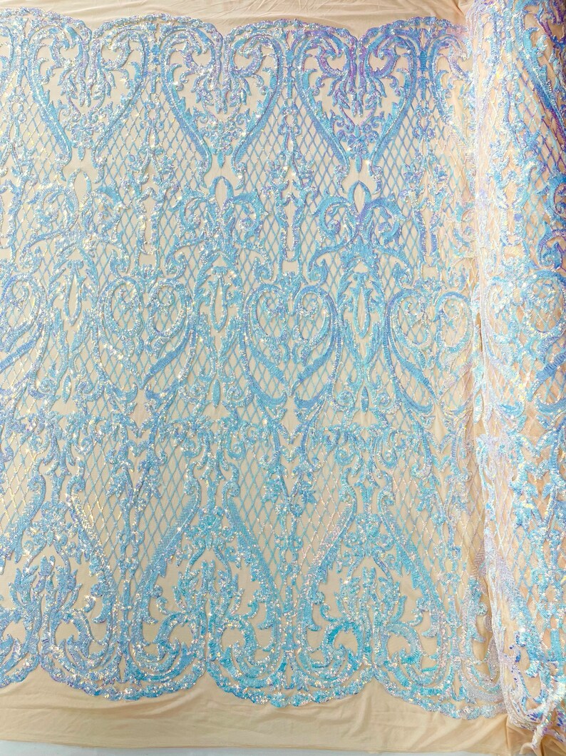 High Designs Fashion Design with Sequins Embroider on a 4 Way Stretch Mesh Fabric-Sold by The Yard. Aqua