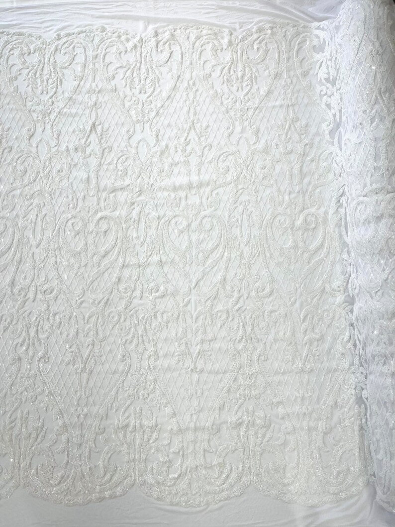 High Designs Fashion Design with Sequins Embroider on a 4 Way Stretch Mesh Fabric-Sold by The Yard. White