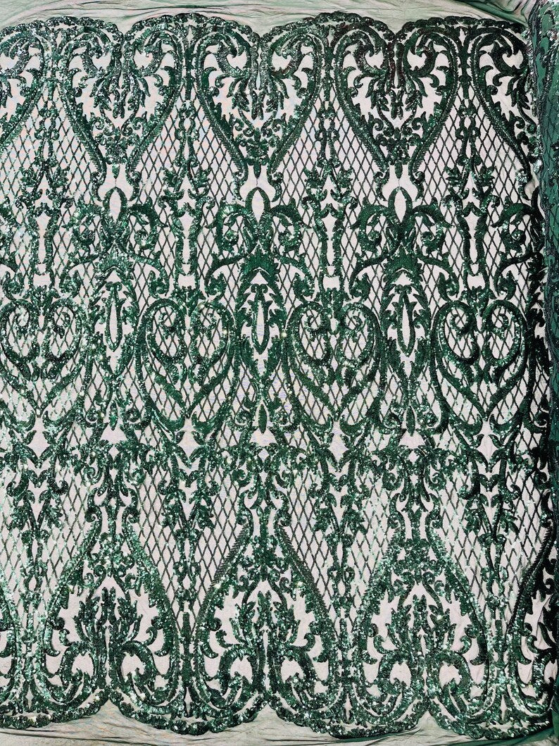 High Designs Fashion Design with Sequins Embroider on a 4 Way Stretch Mesh Fabric-Sold by The Yard. Hunter Green