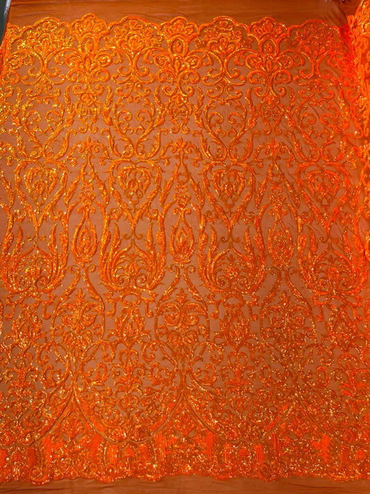 POSEIDON - Designs Fashion Design with Sequins Embroider on a 4 Way Stretch Mesh Fabric-Sold by The Yard. ORANGE