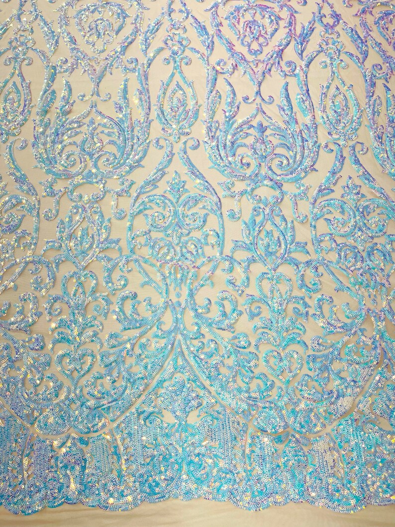 POSEIDON - Designs Fashion Design with Sequins Embroider on a 4 Way Stretch Mesh Fabric-Sold by The Yard. AQUA BLUE