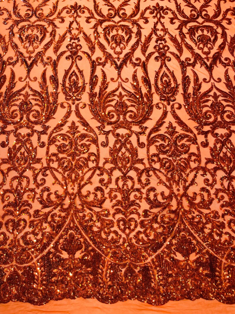 POSEIDON - Designs Fashion Design with Sequins Embroider on a 4 Way Stretch Mesh Fabric-Sold by The Yard. BURNT ORANGE