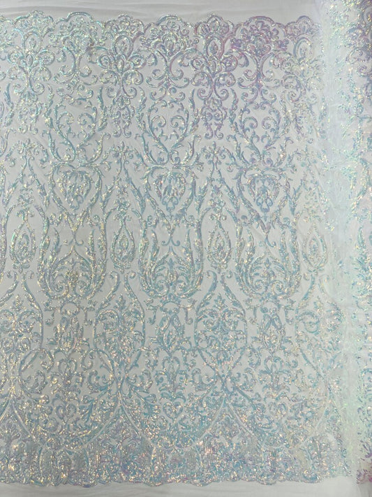 POSEIDON - Designs Fashion Design with Sequins Embroider on a 4 Way Stretch Mesh Fabric-Sold by The Yard. AQUA CLEAR