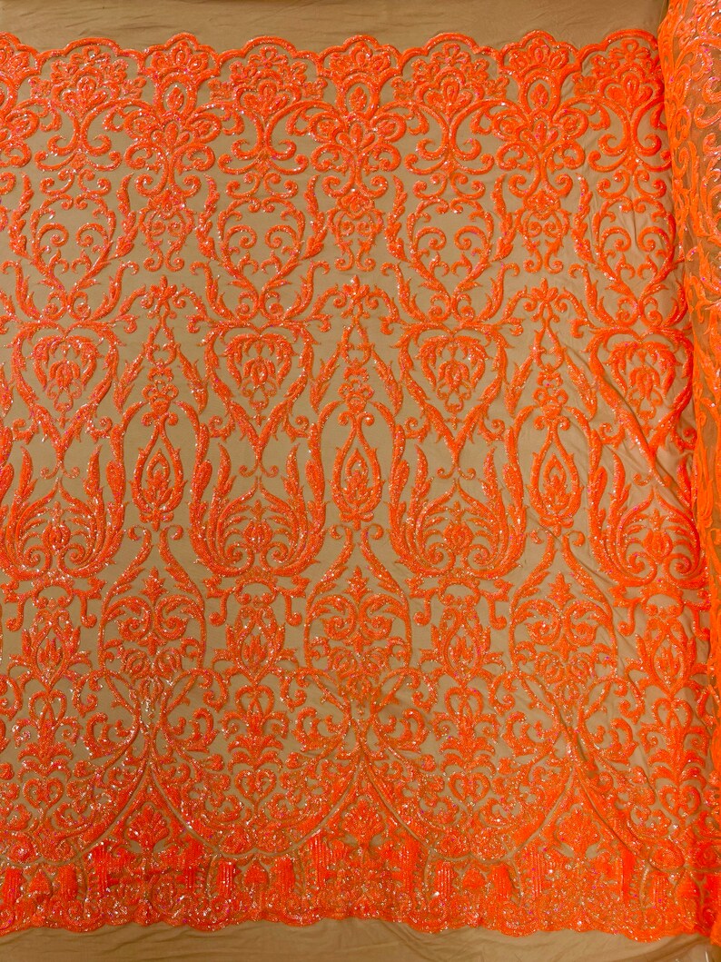 POSEIDON - Designs Fashion Design with Sequins Embroider on a 4 Way Stretch Mesh Fabric-Sold by The Yard. ORANGE NUDE