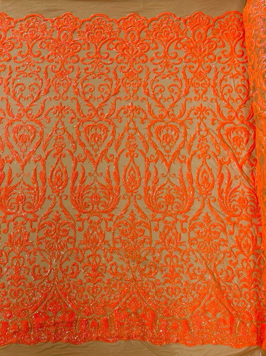 POSEIDON - Designs Fashion Design with Sequins Embroider on a 4 Way Stretch Mesh Fabric-Sold by The Yard. ORANGE NUDE