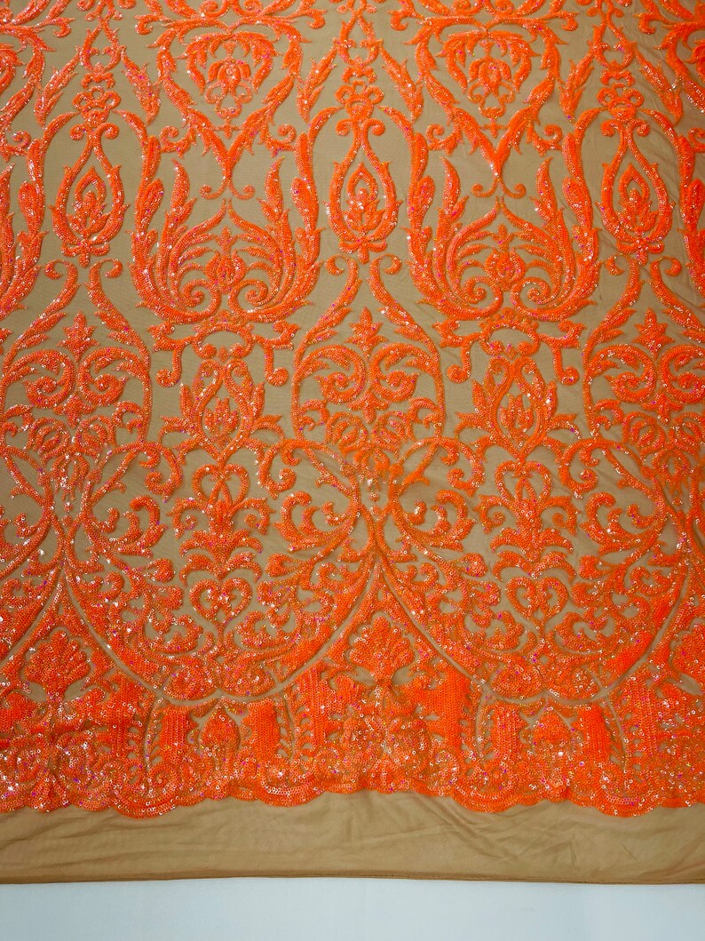 POSEIDON - Designs Fashion Design with Sequins Embroider on a 4 Way Stretch Mesh Fabric-Sold by The Yard. ORANGE NUDE