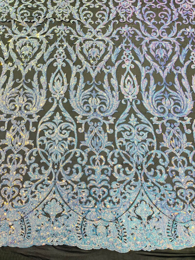 POSEIDON - Designs Fashion Design with Sequins Embroider on a 4 Way Stretch Mesh Fabric-Sold by The Yard. AQUA BLUE