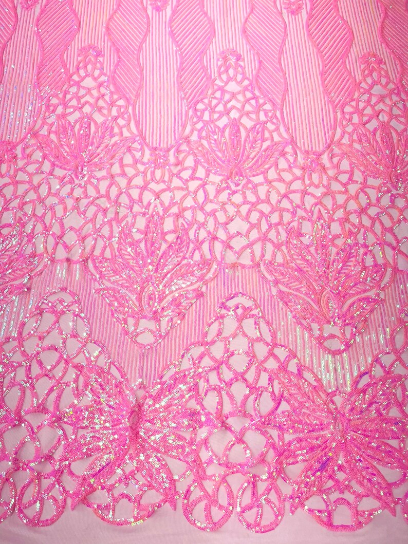 CANDY PINK - Luxury Fashion Design with Sequins Embroider on a 4 Way Stretch Mesh Fabric-Sold by The Yard.