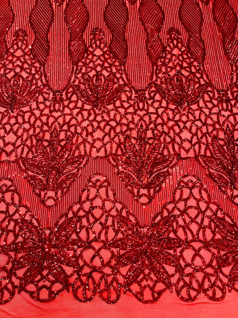 RED - Luxury Fashion Design with Sequins Embroider on a 4 Way Stretch Mesh Fabric-Sold by The Yard.