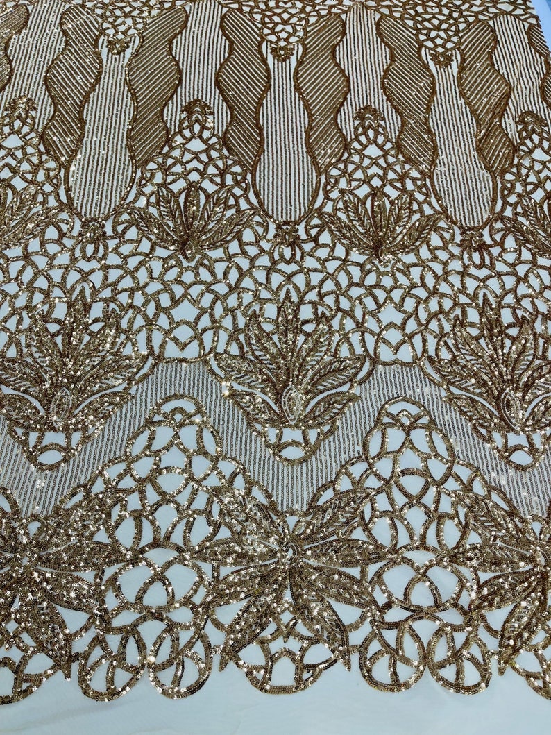 GOLD - Luxury Fashion Design with Sequins Embroider on a 4 Way Stretch Mesh Fabric-Sold by The Yard.