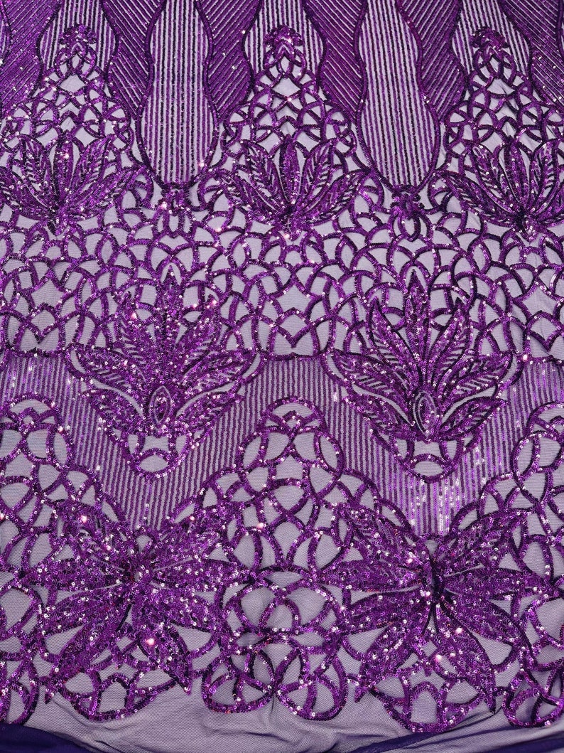 PURPLE - Luxury Fashion Design with Sequins Embroider on a 4 Way Stretch Mesh Fabric-Sold by The Yard.