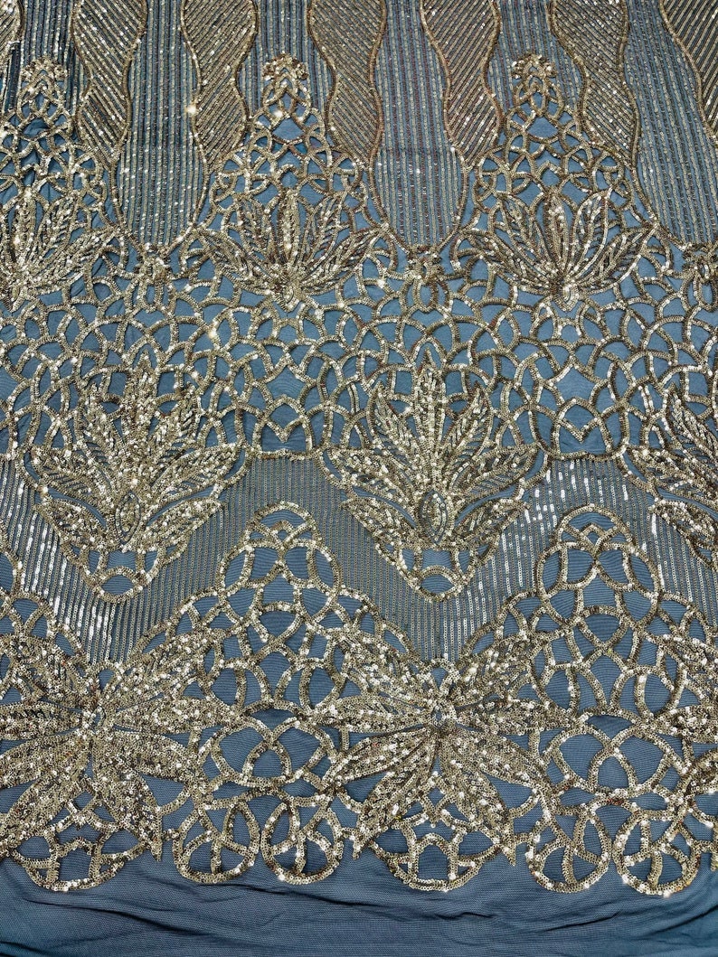 GOLD/BLACK - Luxury Fashion Design with Sequins Embroider on a 4 Way Stretch Mesh Fabric-Sold by The Yard.